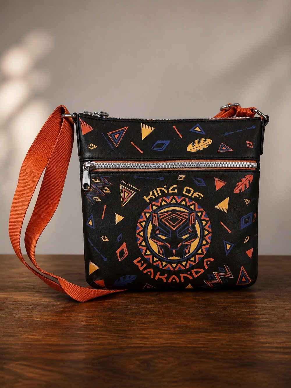 Black 'King of Wakanda' Crossbody Bag with Orange Strap